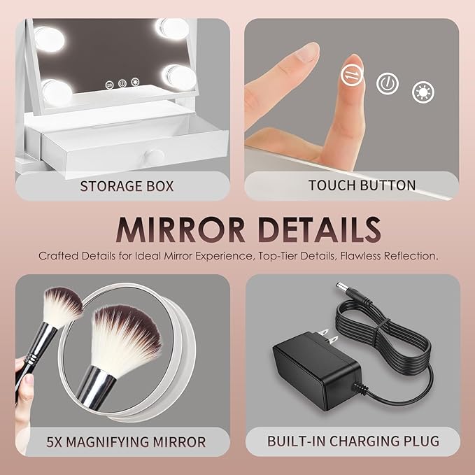COLMERD Vanity Mirror with Lights with Drawer, Type-C and USB Charging Port, Hollywood Makeup Mirror with 9 LED Bulbs, 3 Colors Dimmable, Touch Control, Detachable 5X Magnification, Gifts for Women