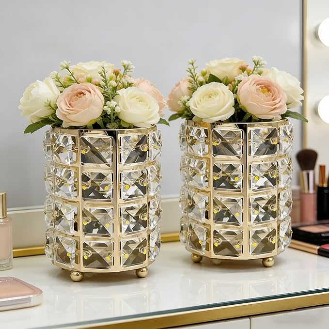 Makeup Brush Holder Organizer Crystal Bling Cosmetic Storage Box for Brushes, Combs & Pens, Candle Holder Container???Gold???