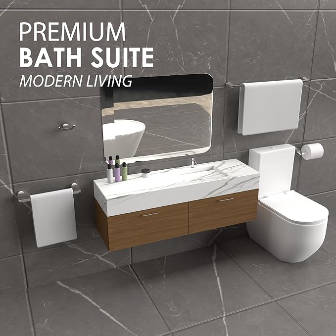 Mega Handles Bathroom Towel Holder Set - 4 Pieces Bathroom Accessories Sets - Heavy Duty Bathroom Accessory Set, 25'' Towel Bar, Robe Hooks & Toilet Paper Holder Wall Mounted - Polished Chrome Suite