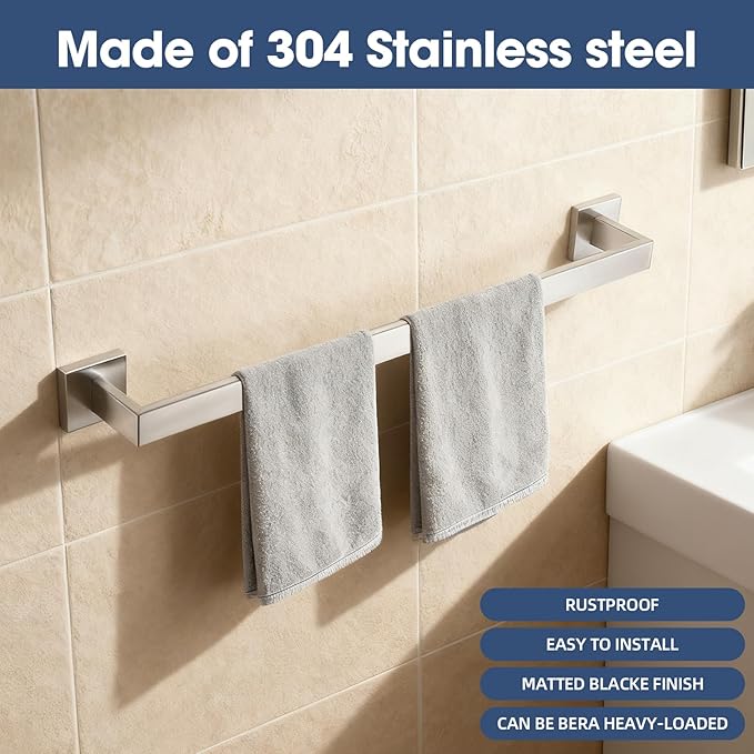 Bathroom Towel Bar Set, 23.6 Inch Wall Mounted Rack, 304 Stainless Steel, D-Shape, 2-Piece Set (Brushed Finish)
