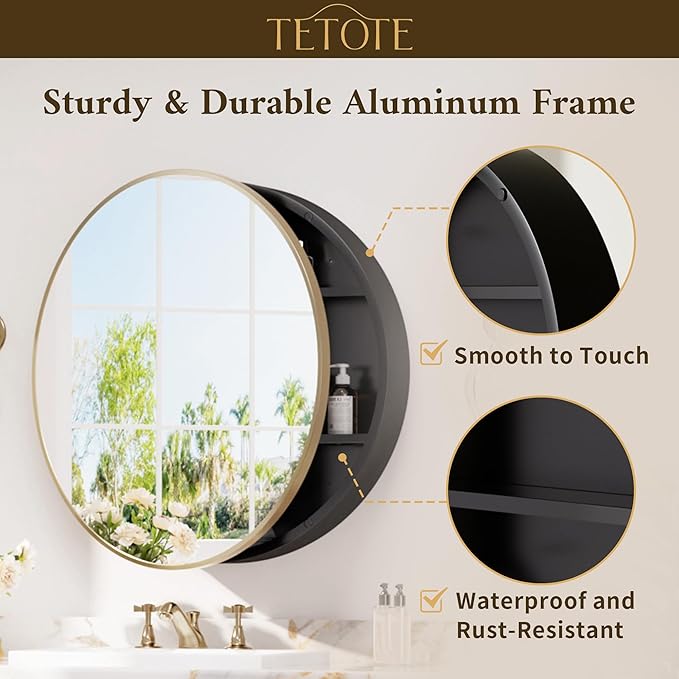 TETOTE Gold Round Bathroom Medicine Cabinet with Mirror 30 x 30, Adjustable Shelves, Farmhouse Wall Storage, Surface Mounted