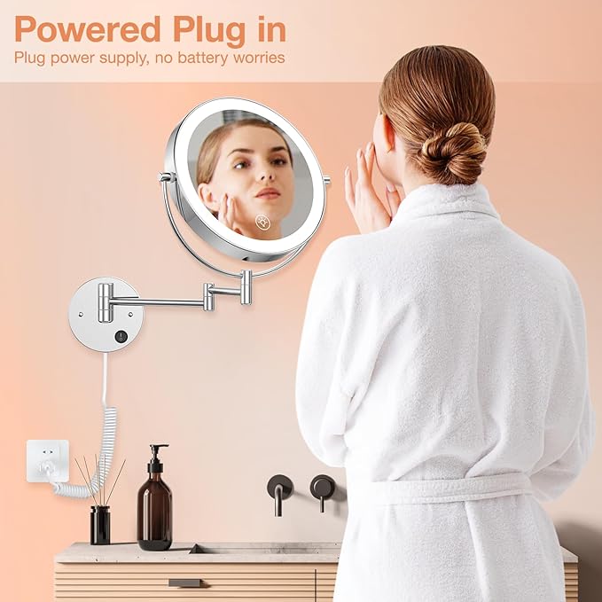 Benbilry 9" Large Wall Mounted Lighted Makeup Mirror, 1X/10X Magnifying 2-Sided AC Plug-in Powered Bathroom Mirror with 3 Color Lights, Touch Dimmable, Extended Arm 360° Rotation, 【Silver】