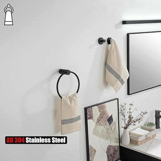 JQK Black Towel Ring, 304 Stainless Steel Matte Black Hand Towel Holder for Bathroom, Wall Mount, TR630-PB