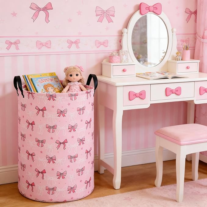 Laundry Hamper Baby Nursery Hamper Waterproof Foldable Kids Laundry Basket Kids Dirty Clothes Hampers Girl Room Decor for Home Gift Baskets(Cute Bow)