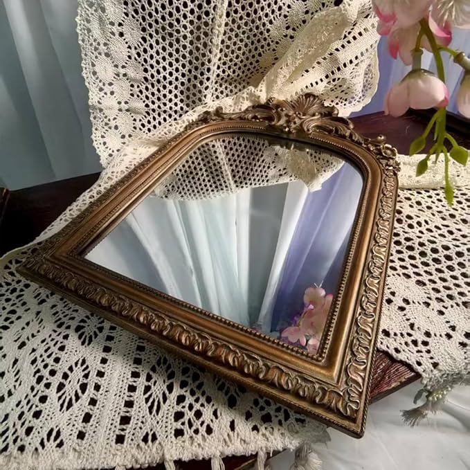Bronze Vintage Vanity Desk Makeup Mirror Antique Decorative Wall Mirror,Resin Carved Arched Mirror for Living Room,Bedroom Dresser,Home Decor ﻿ (Large)
