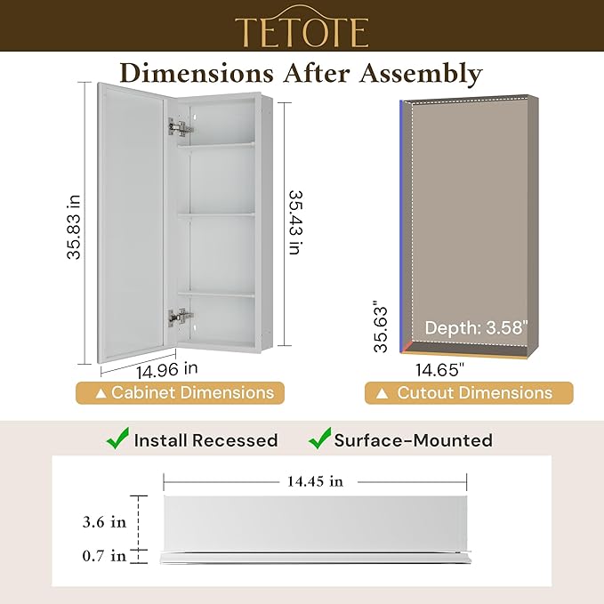 TETOTE 15 x 36 Medicine Cabinetwith Mirror with Tempered Beveled MirrorWhiteMedicine Cabinet Aluminum Cabinet DTC Hinges, Stepless Adjustable Shelves, Recessed/Surface-Mounted