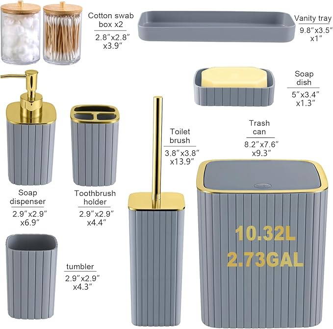 Grey Bathroom Accessory Set-9PC Set with Toilet Brush, Trash Can, Soap Dispenser, Q-Tip Holder | Modern Home Bath Essentials (Grey, Bath Set)