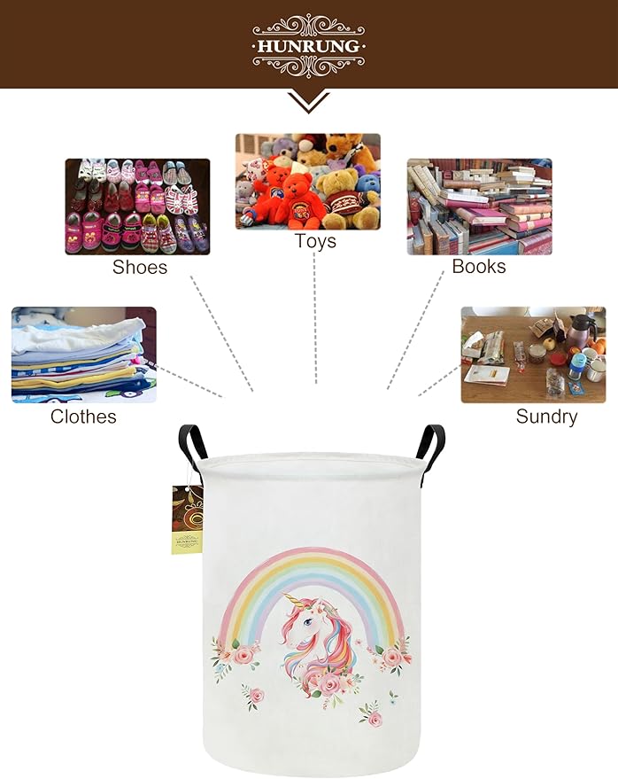HUNRUNG Laundry Hamper,Large Canvas Fabric Lightweight Storage Basket Toy Organizer Dirty Clothes Collapsible Waterproof for College Dorms???Round-Rainbow Unicorn???