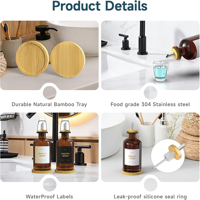 Amber Glass Mouthwash Dispenser for Bathroom Countertop – 14oz/410ml Refillable Mouthwash Bottle with Stainless Steel Pour Spout & Bamboo Tray, Modern Decor for Office, Airbnb, Gym (Amber)