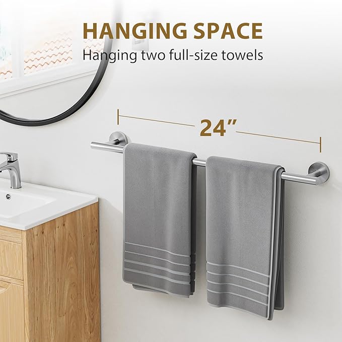 Luxbaro 24 Inch Brushed Nickel Towel Bar, Thicken Towel Rack for Bathroom Wall Mounted, SUS304 Stainless Steel Towel Rod, Modern Home Decor (Total Length 26 Inch)