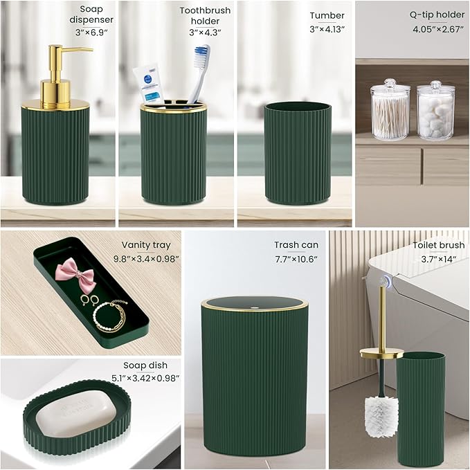 Dark Green Bathroom Accessories Set, 10PC Bathroom Set, Bath Accessory with Pop Up Trash Can, Soap Dispenser, Toilet Brush, Toothbrush Set Qtip Holders & Tray