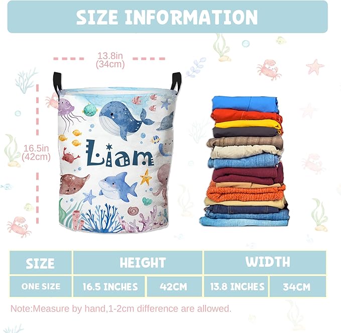 Personalized Laundry Hamper, Ocean Themed Laundry Baskets with Custom Name, Collapsible Hamper for Kids Adults Home Decoration,16.5 X 13.8in