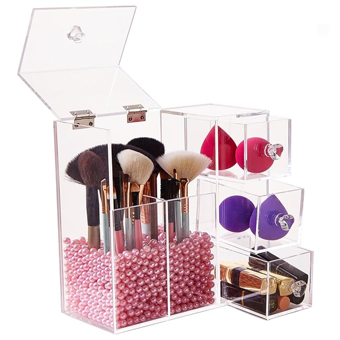 Clear Acrylic Covered Makeup Brush Holder with Dustproof Lid, 3 Drawers, Pearls Beads for Cosmetics Brushes Storage (Pink)