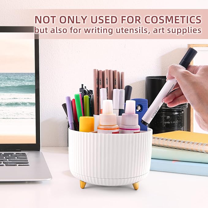360°Rotating Makeup Organizer, 5 Slot Makeup Brush Holder, Spinning Cosmetic Organizer for Vanity, Bedroom(White)