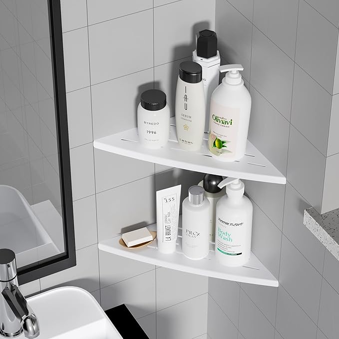 Qeke Corner Shower Shelf Matte White, 304 Stainless Steel 11.5” Recessed Corner Shelf Bathroom for Tiled Wall, Floating Shower Shelves Shampoo Holder, No Drilling, 2 Pack