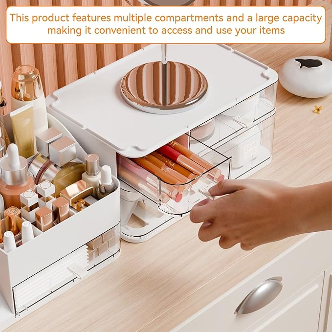 Yieach Countertop Makeup Organizers With Brush Holder,Big Skincare Organizers for Vanity,Dresser,Bathroom,Plastic Cosmetics Storage Organizer with 4 Drawers for Lotion,Beauty,Hair Product & Tool,White