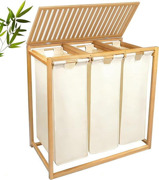 Bamboo Laundry Hamper 3 Section with Lid, 150L Laundry Sorter with Pull-Out Removable Washable Bags, 3 × 12.5 Gal Divided Laundry Baskets for Laundry Room, Bathroom (Beige)