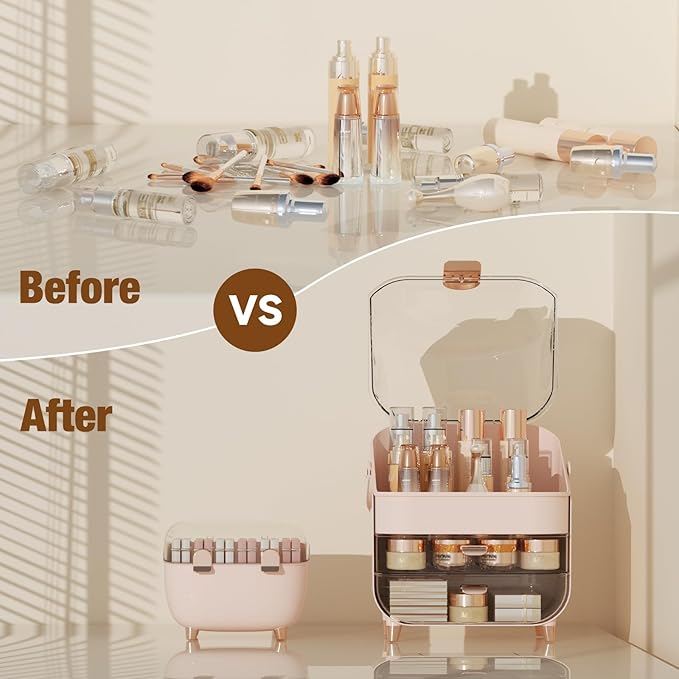 Makeup Organizer for Vanity with perfume Storage Box, Countertop Skincare Organizer with 2 Drawers, Cosmetic Display Case for Perfumes, Eyeshadow Palettes, Nail Polishes, Pink