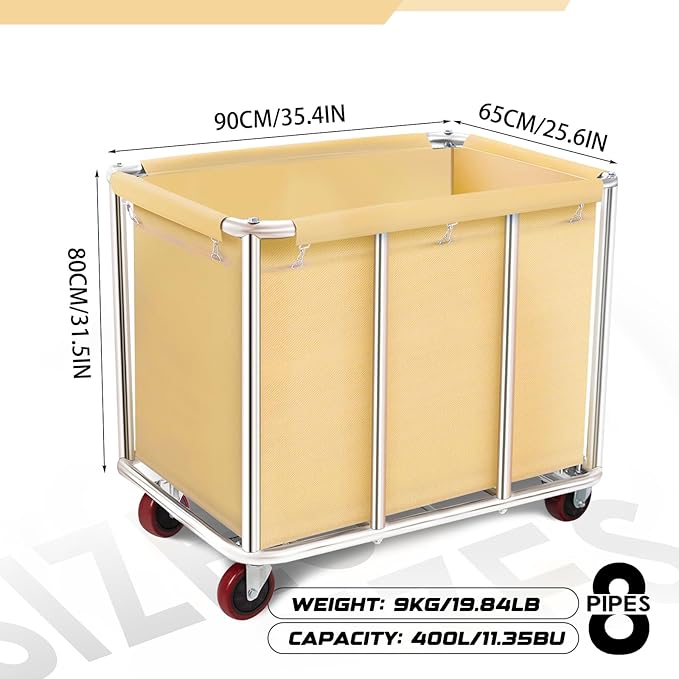 Commercial Laundry Cart with Wheels, 400L Large Rolling Laundry Cart with Steel Frame and Oxford Cloth, Heavy Duty Industrial Laundry Cart for Home,Hotel,Laundry Room, 441 lbs Load (Beige-8)