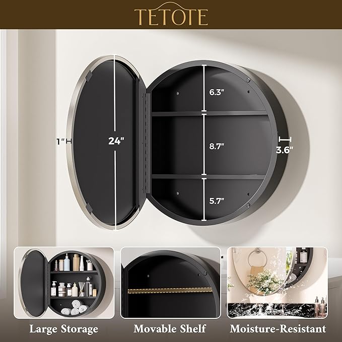 TETOTE 24 x 24 Inch Medicine Cabinet Mirror Brushed Nickel Framed Round Mirrored Medicine Cabinets for Bathroom Adjustable Shelves Modern Bathroom Mirror with Storage Wall Mounted