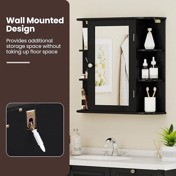 Giantex Bathroom Mirror Cabinet, Wall Mounted Medicine Cabinet with Mirrored Door & 4 Interior Shelves, 6 Open Shelves, Mounting Hardware, Space-Saving Storage Cabinet (Black)