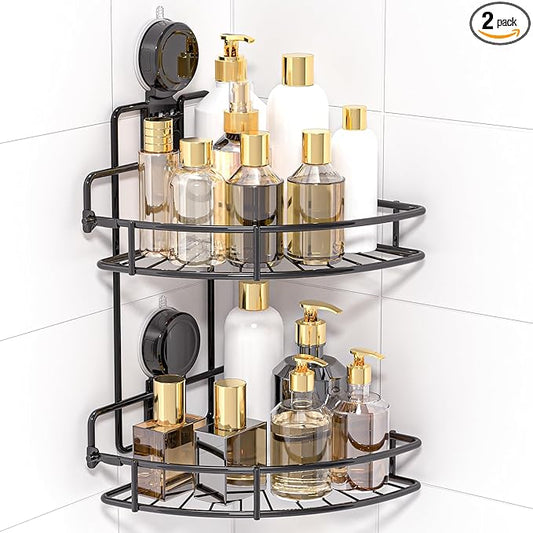 Shower Caddy Suction Cup, 2 Pack Suction Shower Shelf, NO-Drilling Bathroom Holder, Rustproof Bathroom Organizer for 90° Wall Corner, Black