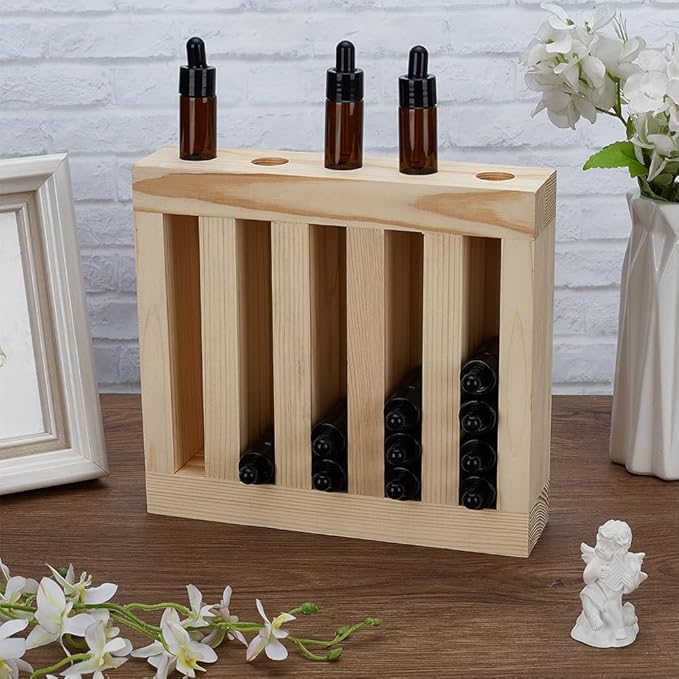 FINGERINSPIRE Wooden Essential Oils Storage Rack 5 Slots Oil Bottle Display Holder PapayaWhip Color Rectangle Wood Holder Tabletop Display Stand for Perfume Storage