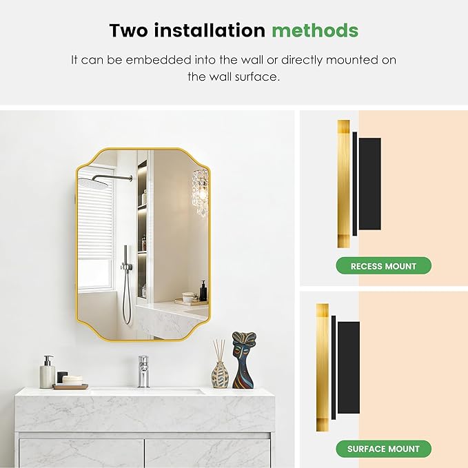 SogesHome Recessed Bathroom Mirror Medicine Cabinet with Storage, 15.7 x 23.6 Inch Wall Mounted Modern Octagon Vanity Organizer with Shelves, Space-Saving Elegant Bathroom Storage, Gold