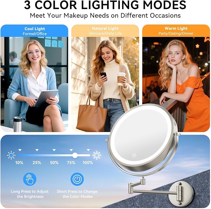 9'' 30X/1X Wall Mounted Lighted Makeup Mirror, 5000mAh Rechargeable Double-Sided Magnifying Mirror with Light, Vanity Bathroom Mirror Touch Dimmable 3 Colors 360° Rotation Extended Arm, Power Adapter