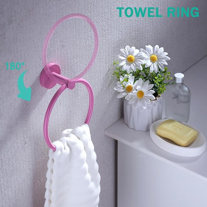 Pink Bathroom Accessories Set,5 Pieces Bathroom Hardware Set,24 inch Towel Bar,Towel Ring for Bathroom,Robe Towel Hooks,Toilet Paper Holder Wall Mounted(Drilling),SE96006S-5PK