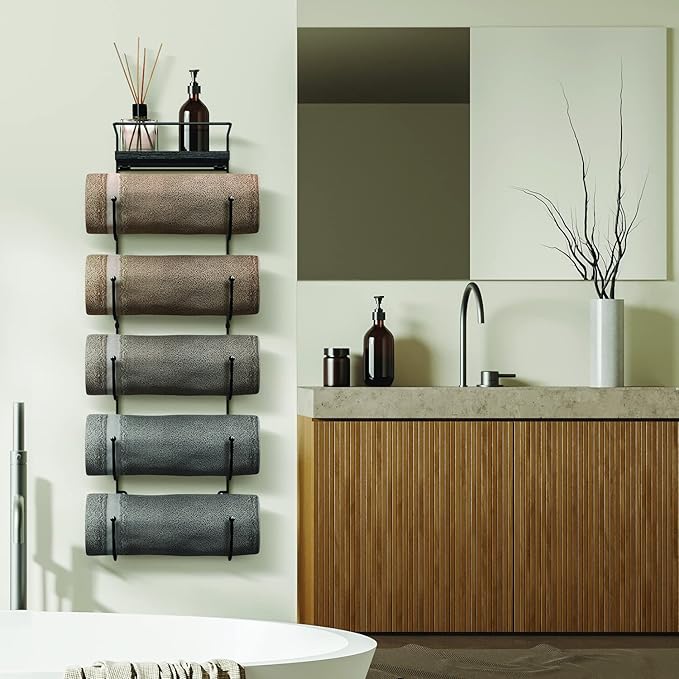 Sorbus Bathroom Towel Holder - 5 Tier Metal Towel Rack with Wood Shelf for Rolled Bath Towels, Washcloths, Linens, Hand Towels, Soaps & Accessories - Wall Mounted Towel Rack for Bathroom Towel Storage