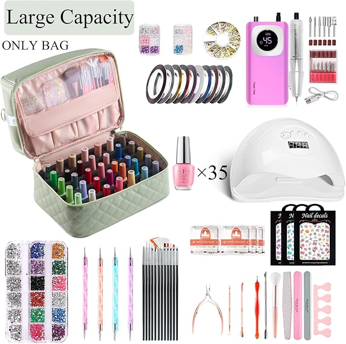 CTWWFS Nail Polish Organizer Holds 35 Bottles & Nail Lamp, Nail Organizers and Storage, Double Layer Nail Bag with Handle & Shoulder Strap for Travel, Nail Supplies Organizer for Manicure Kit (Green)