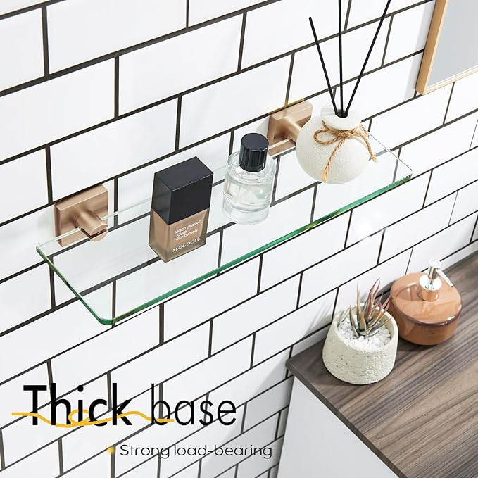 KOKOSIRI Glass Shelf for Bathroom 16-Inch Floating Wall Shelves Shower Storage Kitchen Rack, 2 Pack Champagne Bronze Stainless Steel B1107CPG-L16-P2