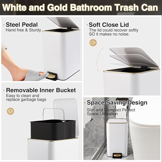 XLHOMO 11PCS Bathroom Sets with Shower Curtain and Rugs Bathroom Accessories Set White Bathroom Set,Soap Dispenser & Toilet Brush Holder Set with Stainless Steel Trash Can
