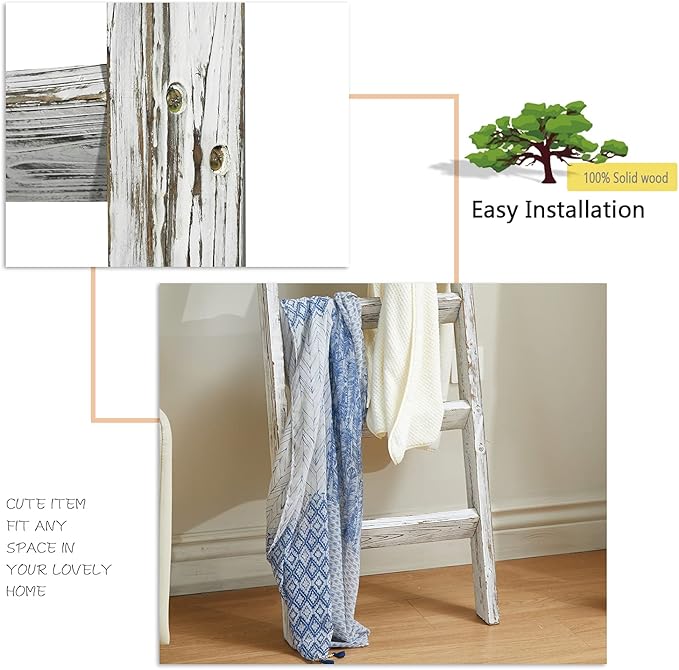 FUIN 5ft (58") Wood Blanket Ladder Living Room Decorative Wall Leaning Farmhouse Quilt Display Holder Wooden Towel Rack for Bathroom, Rustic White