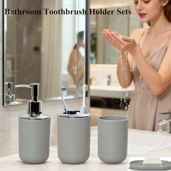 Matte Gray Bathroom Accessories Set, 4 Piece Plastic Bathroom Toothbrush Holder Set, Include Soap Dispenser, Toothbrush Holder, Rinse Cup, Soap Dish, Boho Grey Bathroom Decor for Home, Bathroom Set