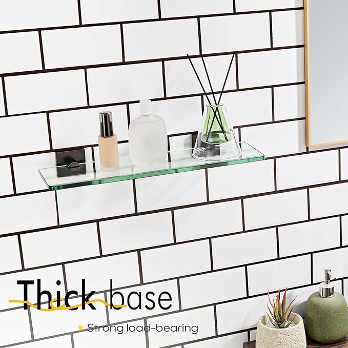KOKOSIRI Tempered Glass Shelves 16-Inch Bathroom Floating Wall Shelf Kitchen Rack Shower Storage, 2 Pack Oil Rubbed Bronze Stainless Steel B1107ORB-L16-P2