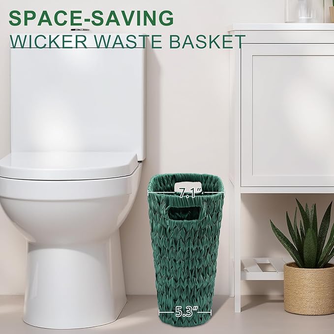 XLHOMO Dark Green Bathroom Accessories Set with Wicker Trash Can, Dark Green Bathroom Accessories Set Bathroom Sets Small Waste Basket Bathroom Trash Can for Bedroom Bathroom