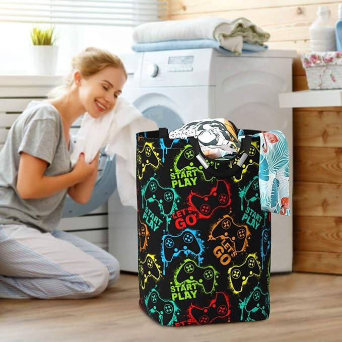 Colorful Game Joystick Silhouettes Large Laundry Hamper Gaming Theme Storage Basket Toys Clothes Organizer Bin For Home Bathroom Bedroom Dorm Nursery, 60l