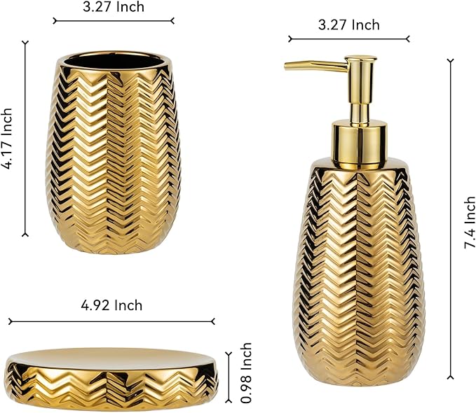 Gold Bathroom Accessories 3pcs Stylish Bathroom Accessories Set Gold Soap Dispenser Pump, Tumbler and Soap Dish Modern Decor Wavy Design Ceramic Bathroom Accessory Set