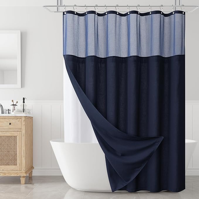 Naturoom Navy Blue Linen Shower Curtain with Fabric Liner Set Rustic Style Modern Farmhouse Shower Curtains for Bathroom 200GSM Burlap Cloth Double Bath Curtains with See Through Top Window 72x72