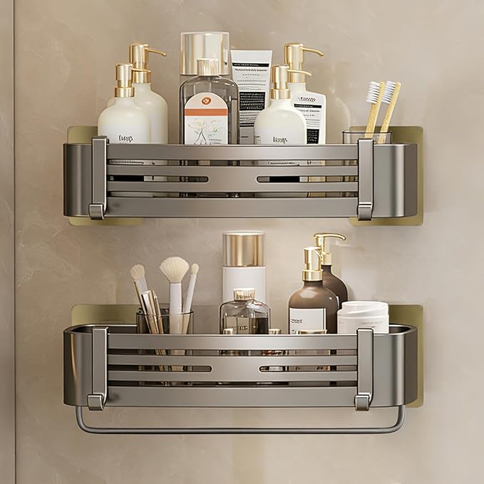 Shower Caddy, Adhesive Bathroom Shower Corner Organizer Shelves with Hooks, No Drilling Shower Shelves Organizer for Bathroom Kitchen 2 Pack