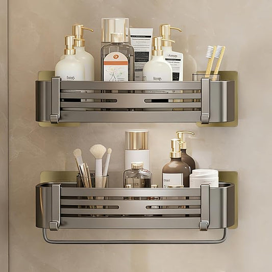 Shower Caddy, Adhesive Bathroom Shower Corner Organizer Shelves with Hooks, No Drilling Shower Shelves Organizer for Bathroom Kitchen 2 Pack