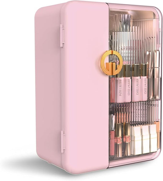 UAK Makeup Organizer with Drawers for Vanity, Cosmetic Display Case with Brush Holders, Storage for Skincare Countertop Bathroom (Pink)