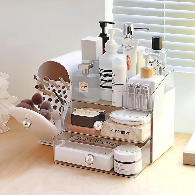 Makeup Organizer with Brush Holder, Large Cosmetic Storage with 2 Drawers, Skincare Organizer for Bathroom Countertop, Vanity Organizer for Lipstick, Perfume, Nail Polish, Beauty Gifts (White)