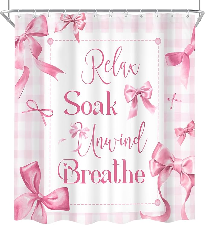 Cinbloo 4Pcs Pink Bow Christian Shower Curtain Set, Coquette Bible Verse Scripture Inspirational Quotes Girly Bathroom Curtain with Rug, Toilet Lid Cover, Bath Mat, Modern Shower Curtain with 12 Hooks