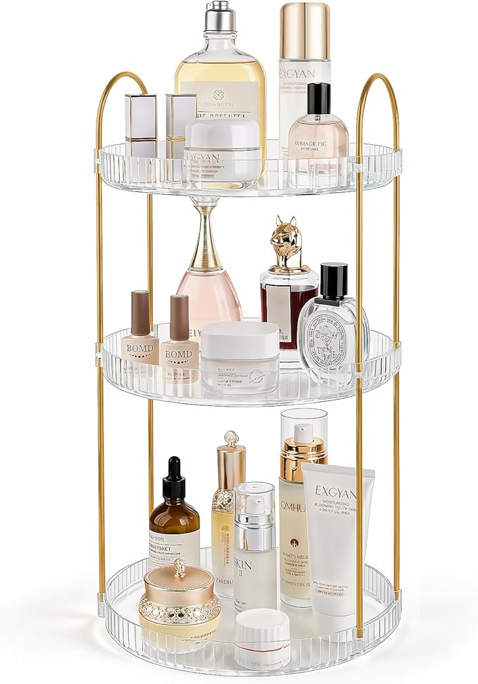Anyoifax 360 Rotating Makeup Organizer 3 Tier Large Capacity Perfume Skincare Tray for Dresser Spinning Bathroom Counter Organizer for Vanity Lazy Susan Turntable Storage for Kitchen, Clear