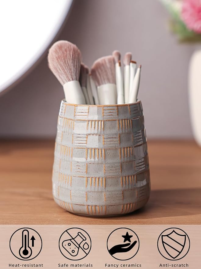 Ceramic Makeup Brush Holders, Bathroom Vanity and Countertop,Make up Brushes Cup for Cosmetics, Lipsticks, Bathroom Vanity Desktop Storage (Vintage Grey)