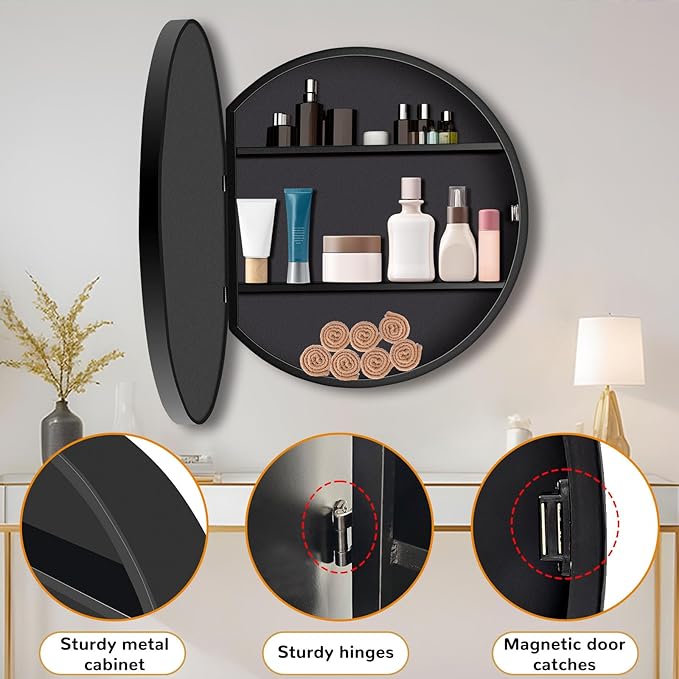 26 Inch Round Medicine Cabinet with Mirror, Black Farmhouse Bathroom Storage Cabinet, Metal Frame Circular Vanity Mirror Cabinet, Surface Mount Only – Ideal for Master Bathrooms