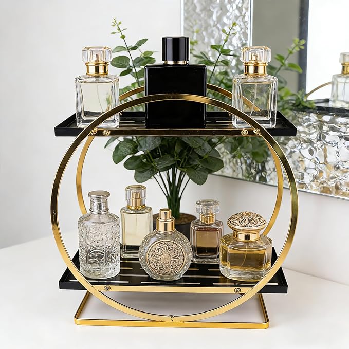BO2701 2 Tier Bathroom Organizer, Perfume Organizer for Dresser, Black Gold